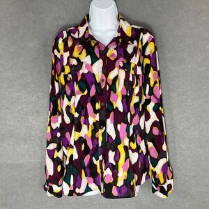 Dana Buchman Top XL Button Up Long Sleeve Abstract Print Artsy Bold Career